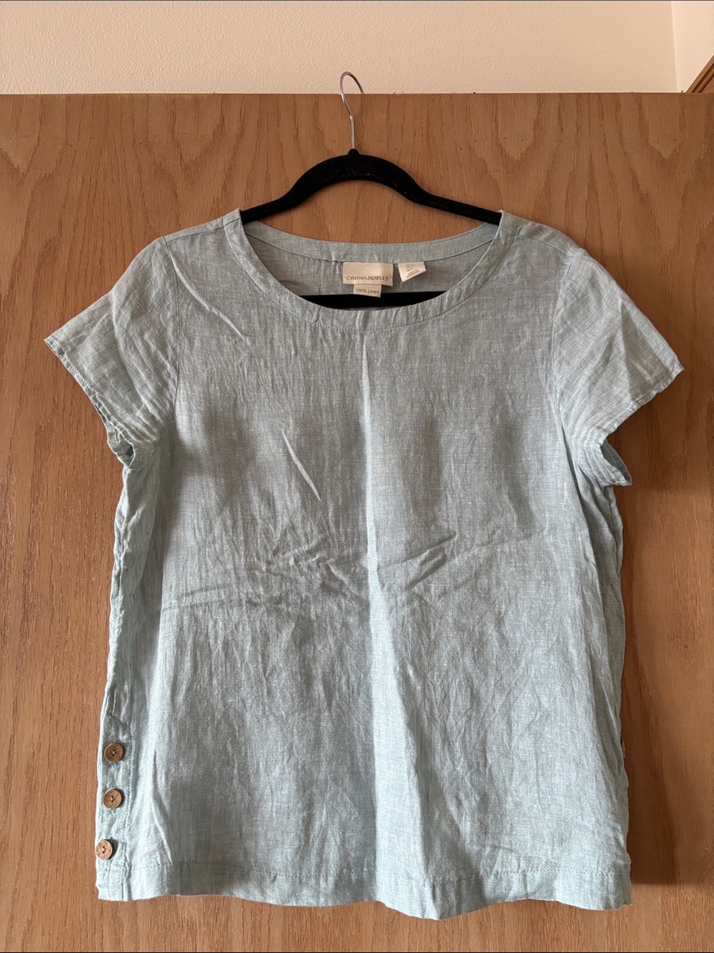 Cynthia Rowley Pale Blue Linen Short Sleeve Button-Hem Top